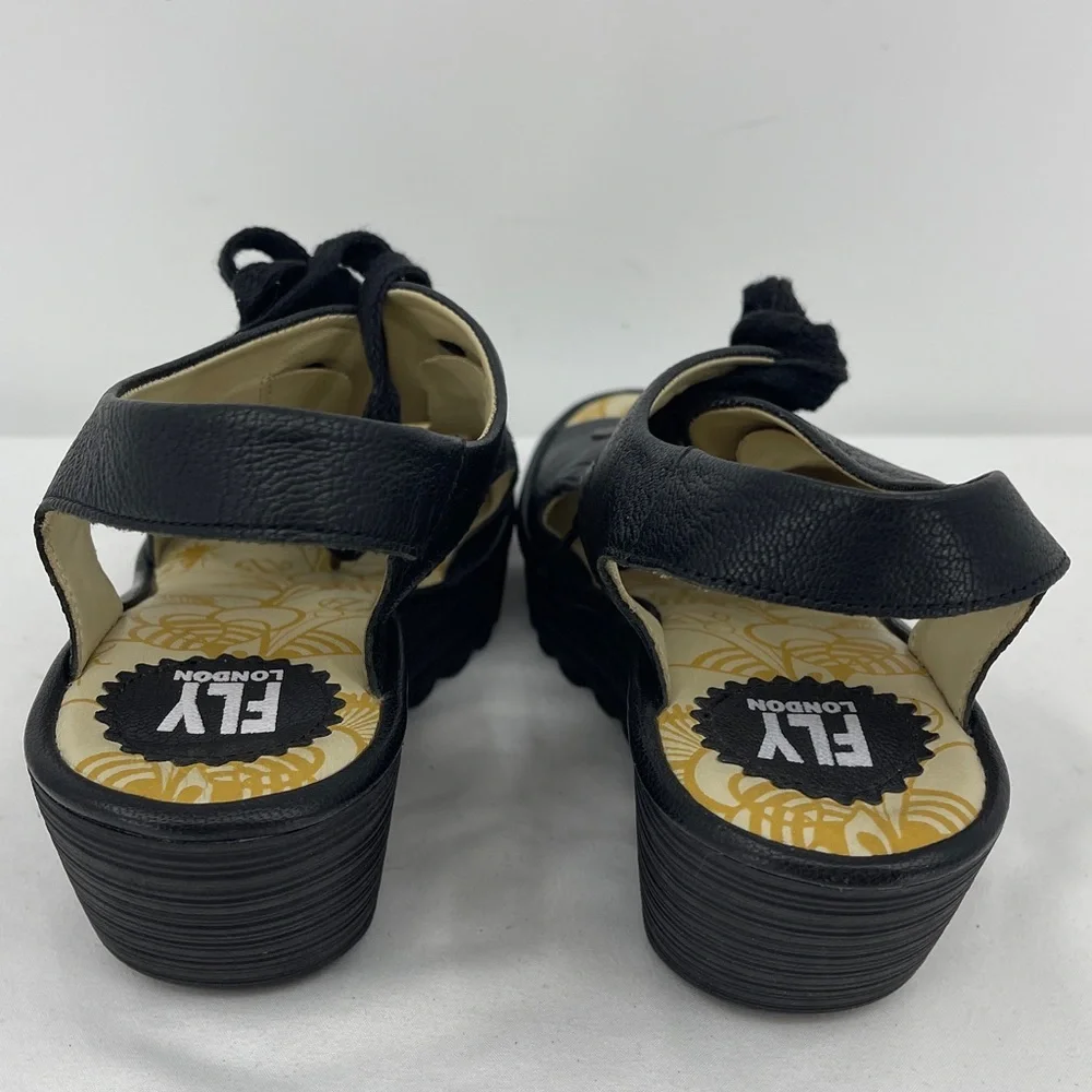 FLY LONDON SIZE 40 Black Women's Wedge Sandals Lace up OPEN TOE MADE IN INDIA